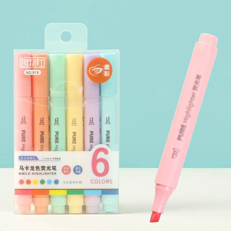 Pastel Highlighter Set Double Ended - ปากกาไฮไลท์เตอร์สีพาสเทล 6 ชิ้น/ชุด ปากกาเน้นข้อความน่ารัก ปากกาฟลูออเรสเซนต์สำหรับงาน DIY
