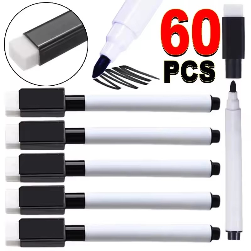 School Supplies - ปากกาไวท์บอร์ดแบบลบได้สีดำ หัวแม่เหล็ก พร้อมฝาปิดสำหรับลบ ปากกาไวท์บอร์ดสำหรับห้องเรียน ปากกาลบได้สำหรับใช้ในบ้าน สำนักงาน