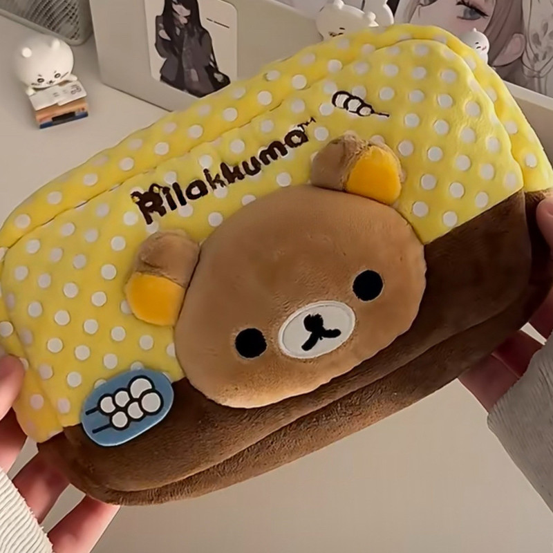 Aesthetic Large Pencil Case Pouch - กระเป๋าใส่ดินสอริลัคคุมะ สไตล์ญี่ปุ่น ลายจุด ความจุเยอะ สไตล์อินเทรนด์ สวยงาม