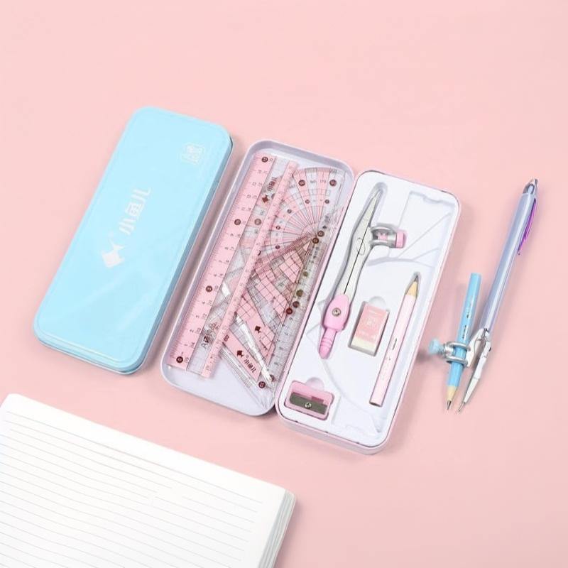 Math Geometry Set With Compass - ชุดอุปกรณ์เครื่องเขียนสำหรับวาดภาพเรขาคณิต 8 ชิ้น ประกอบด้วย ไม้บรรทัด วงเวียน