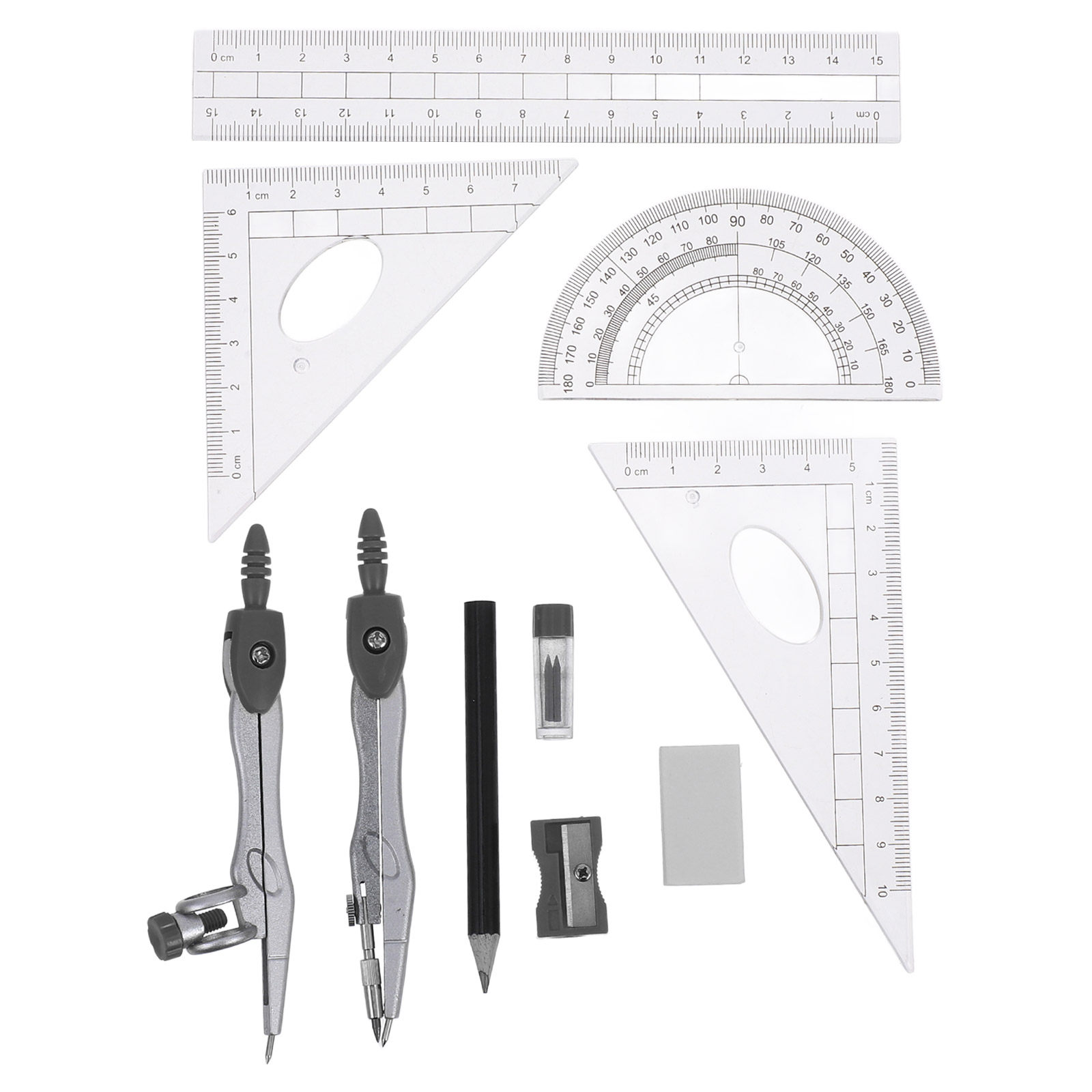 Math Geometry Set With Compass - ชุดอุปกรณ์วาดภาพเรขาคณิต 1 ชุด พร้อมไม้โปรแทรกเตอร์ วงเวียน ไม้บรรทัด
