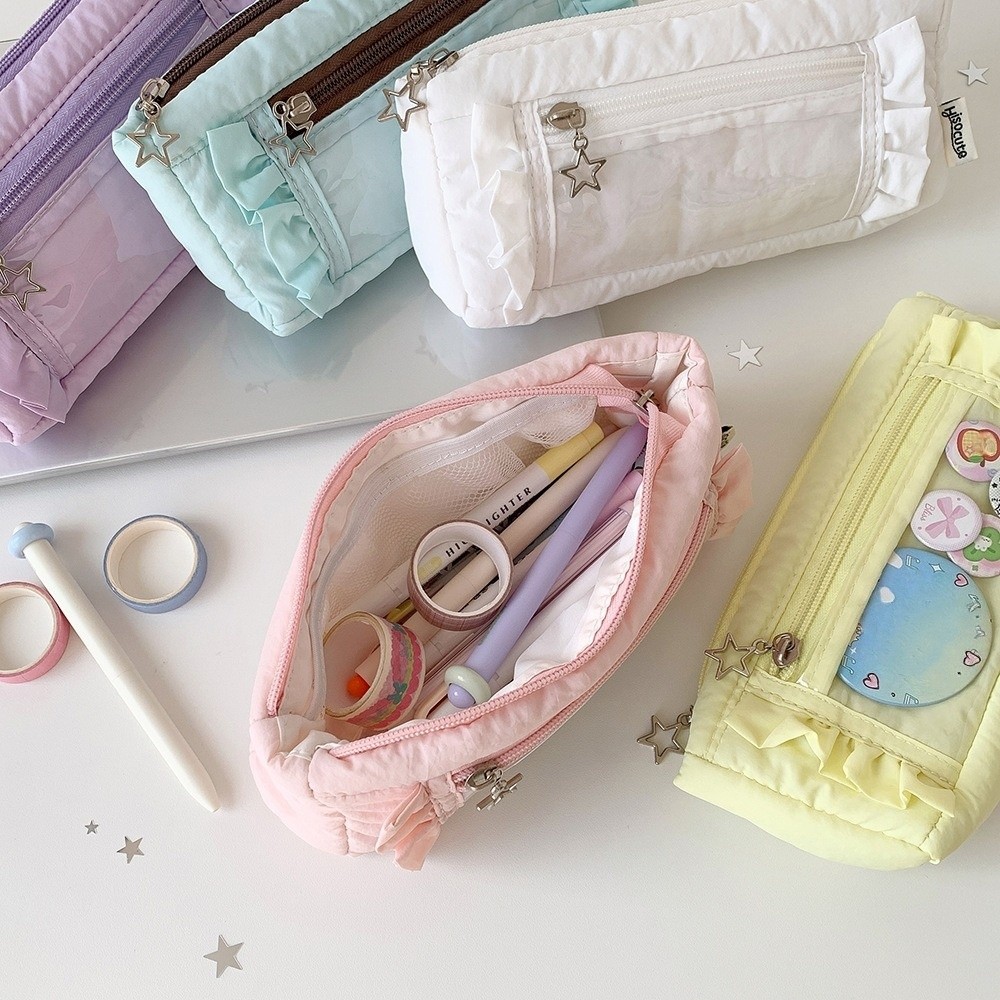 Aesthetic Large Pencil Case Pouch - กระเป๋าใส่เครื่องเขียนแบบมีระบายขอบสไตล์เกาหลี กระเป๋าใส่เครื่องเขียน PVC สำหรับวางบนโต๊ะ กล่องใส่ดินสอแบบมีระบาย กระเป๋าใส่ดินสอความจุเยอะ