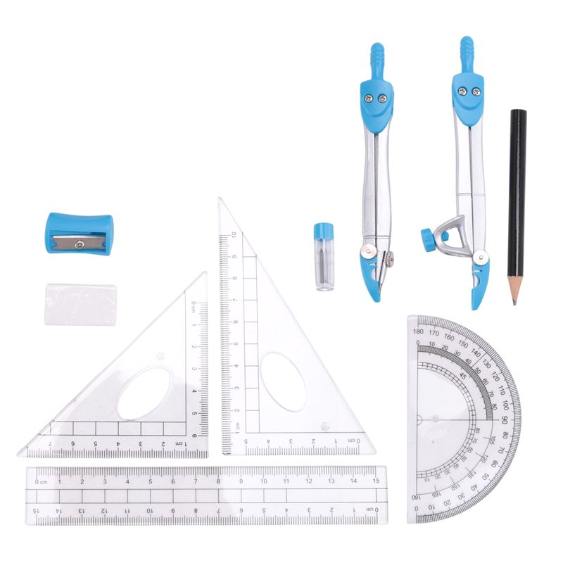 Math Geometry Set With Compass - ชุดเครื่องมือเรขาคณิตคุณภาพสูง 10 ชิ้น ชุดเครื่องมือวัดมุมและไม้บรรทัดสำหรับนักเรียนคณิตศาสตร์และวิศวกรรม พร้อมกระเป๋าใส่