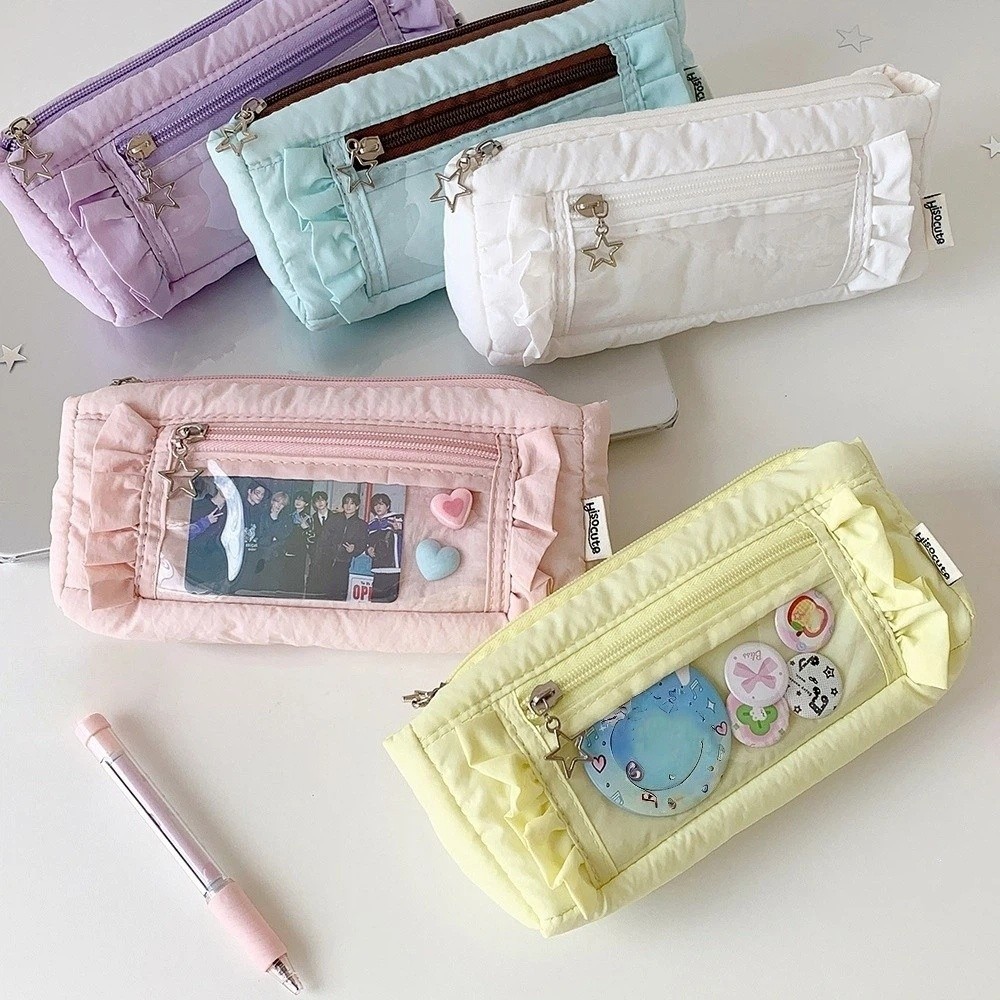 Aesthetic Large Pencil Case Pouch - กระเป๋าเครื่องเขียนขอบจีบสไตล์เกาหลี ซิปดาว วัสดุ PVC กระเป๋าดินสอแบบจีบสวยงาม ความจุขนาดใหญ่