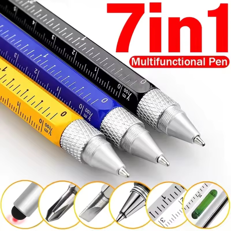 Writing Tools - ปากกาอเนกประสงค์ 7-in-1 ปากกาสไตลัสหน้าจอสัมผัสแบบคาปาซิทีฟ พร้อมไขควง ไม้บรรทัด ระดับน้ำ